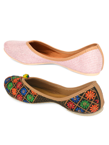 DESI COLOUR Women Set of 2 Multicoloured Ethnic Mojaris with Embroidered Flats