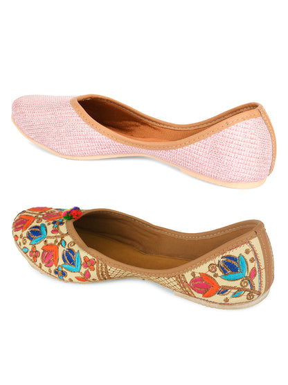 DESI COLOUR Women Multi Pack of 2 Embellished Leather Ethnic Mojaris Flats