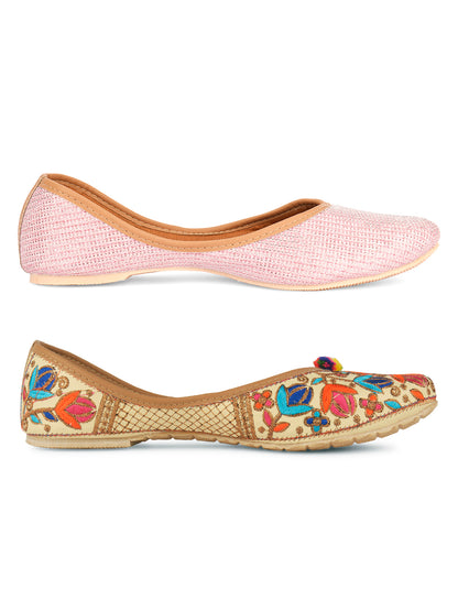 DESI COLOUR Women Multi Pack of 2 Embellished Leather Ethnic Mojaris Flats