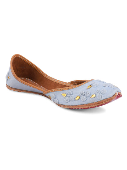 DESI COLOUR Women Grey Embellished Leather Mojaris