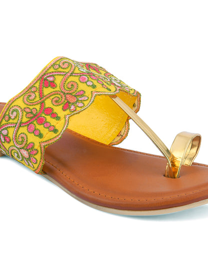 DESI COLOUR Women Brown Embellished Synthetic Patent Mojaris