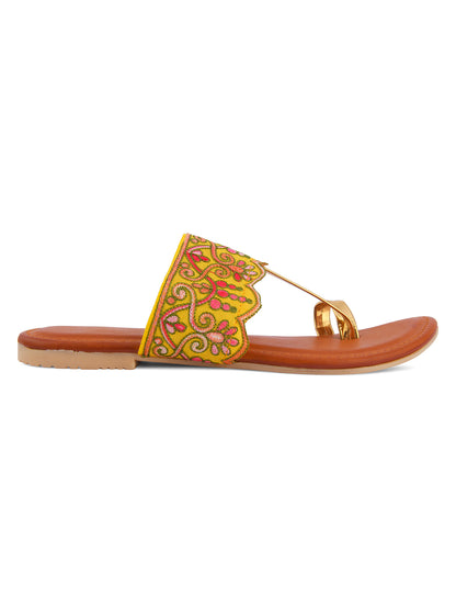 DESI COLOUR Women Brown Embellished Synthetic Patent Mojaris