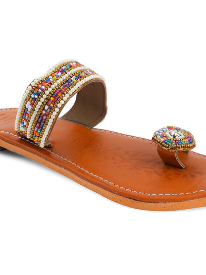 DESI COLOUR Women Multicoloured Embellished Leather One Toe Flats