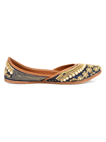 DESI COLOUR Women Navy Blue Embellished Leather Mojaris