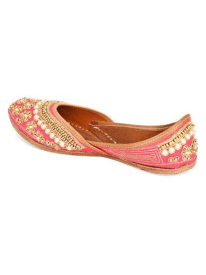 DESI COLOUR Women Peach-Coloured Embellished Leather Mojaris