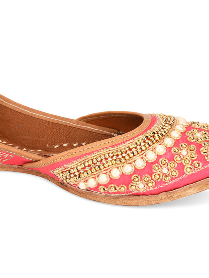 DESI COLOUR Women Peach-Coloured Embellished Leather Mojaris