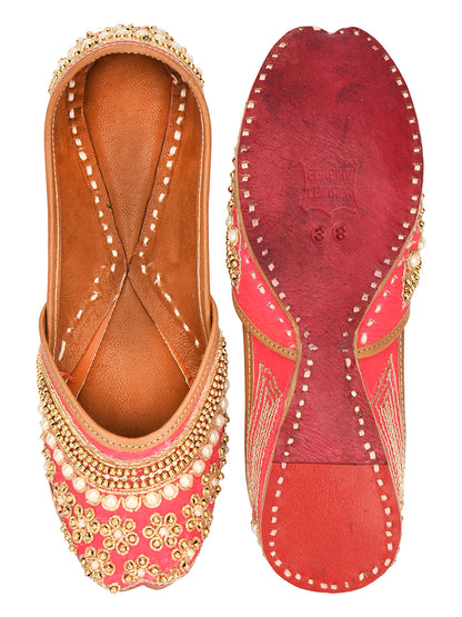 DESI COLOUR Women Peach-Coloured Embellished Leather Mojaris