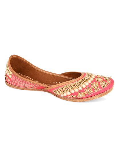 DESI COLOUR Women Peach-Coloured Embellished Leather Mojaris