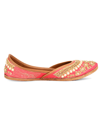 DESI COLOUR Women Peach-Coloured Embellished Leather Mojaris