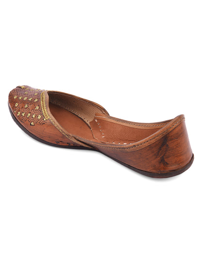 DESI COLOUR Women Brown Embellished Leather Handcrafted Mojaris