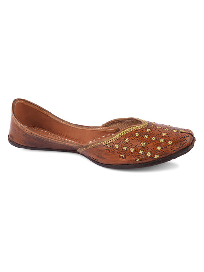 DESI COLOUR Women Brown Embellished Leather Handcrafted Mojaris