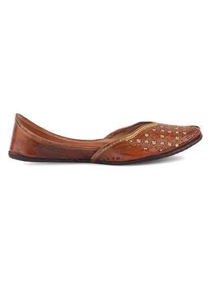 DESI COLOUR Women Brown Embellished Leather Handcrafted Mojaris