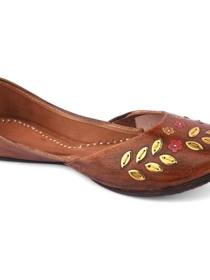 DESI COLOUR Women Brown Embellished Leather Handcrafted Mojaris