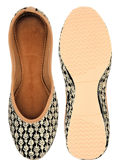 DESI COLOUR Women Black Printed Leather Ethnic Mojaris Flats