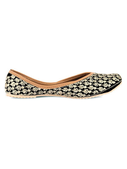 DESI COLOUR Women Black Printed Leather Ethnic Mojaris Flats