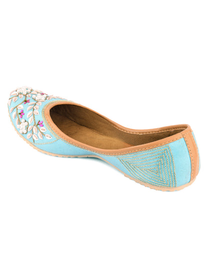 DESI COLOUR Women Turquoise Blue Embellished Mojaris