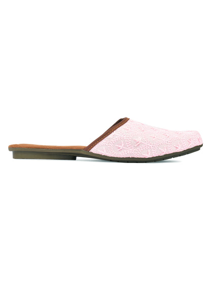 DESI COLOUR Women Pink Embroidered Mules Flats