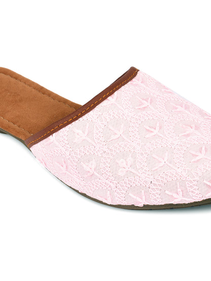 DESI COLOUR Women Pink Embroidered Mules Flats