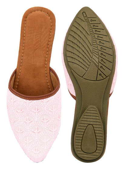 DESI COLOUR Women Pink Embroidered Mules Flats