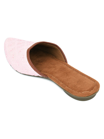 DESI COLOUR Women Pink Embroidered Mules Flats