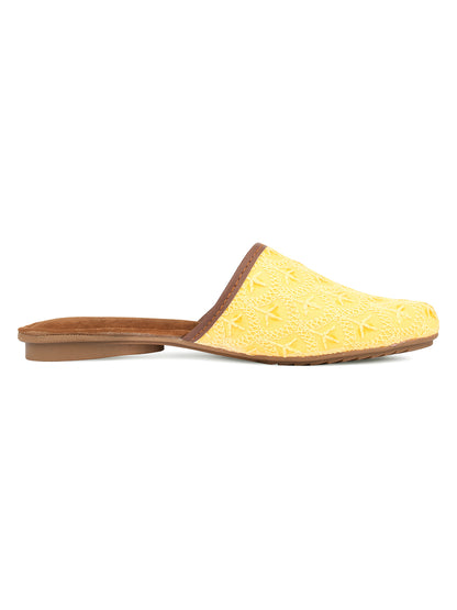 DESI COLOUR Women Yellow Embroidered Mules Flats