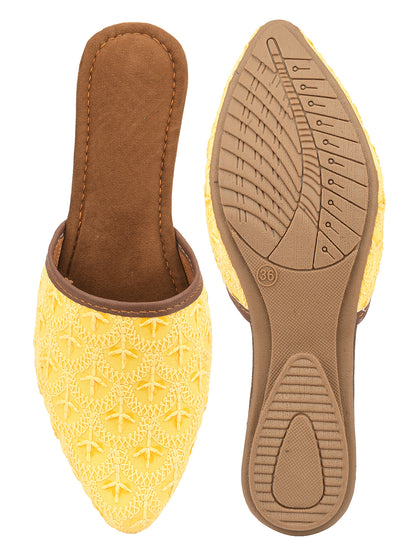 DESI COLOUR Women Yellow Embroidered Mules Flats