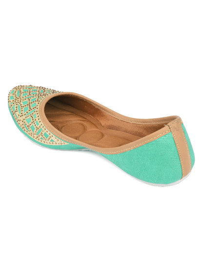 DESI COLOUR Women Gold Toned Handcrafted Ethnic Embellished Leather Mojaris Flats