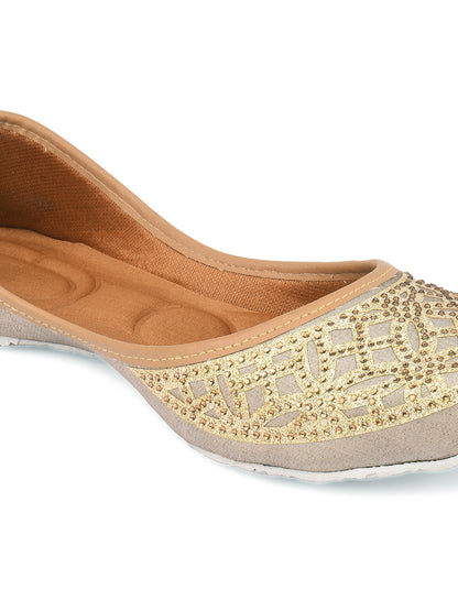 DESI COLOUR Women Gold Toned Handcrafted Ethnic Embellished Leather Mojaris Flats