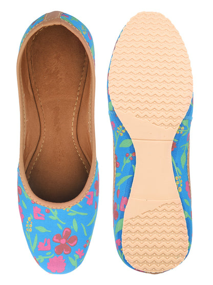 DESI COLOUR Women Blue Floral Printed Mojaris Flats