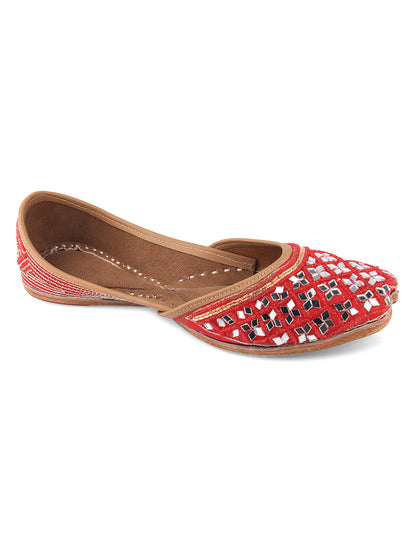 DESI COLOUR Women Red Embellished Mojaris Flats