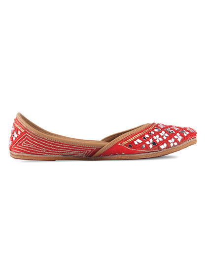 DESI COLOUR Women Red Embellished Mojaris Flats