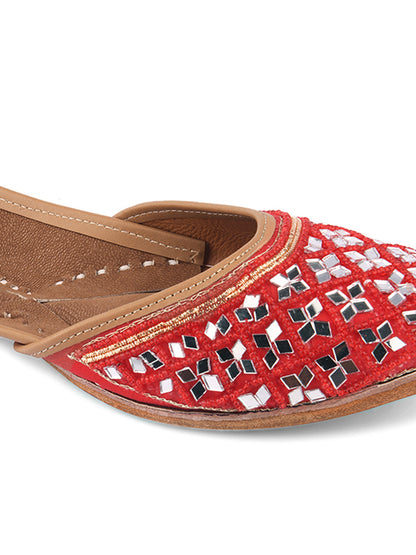 DESI COLOUR Women Red Embellished Mojaris Flats