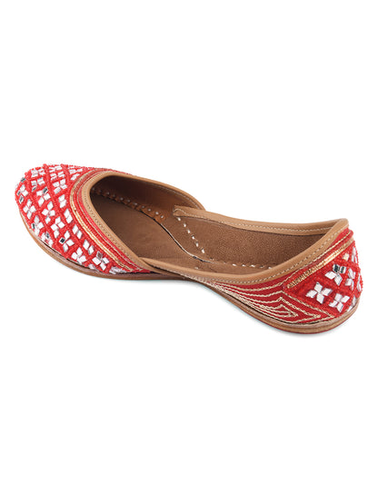 DESI COLOUR Women Red Embellished Mojaris Flats