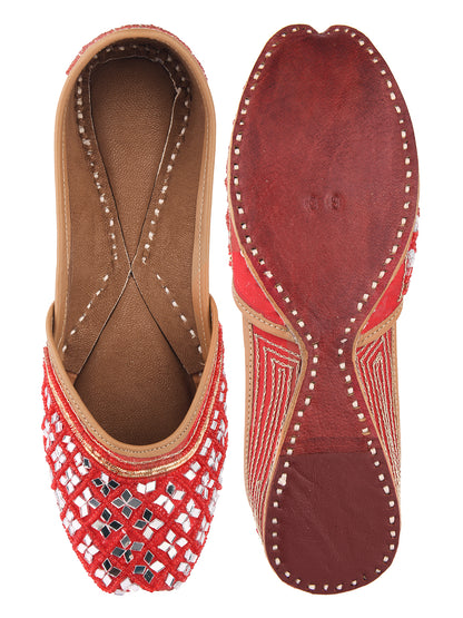 DESI COLOUR Women Red Embellished Mojaris Flats