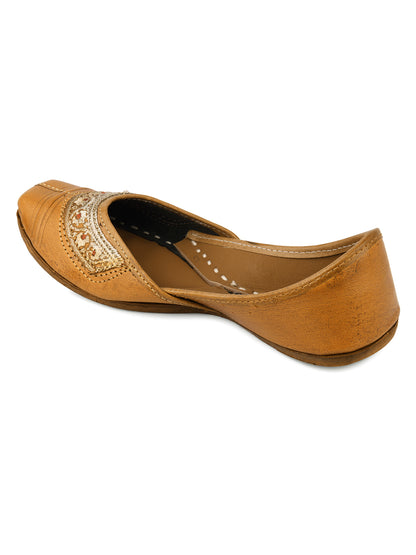 DESI COLOUR Women Tan Embellished Mojaris Flats