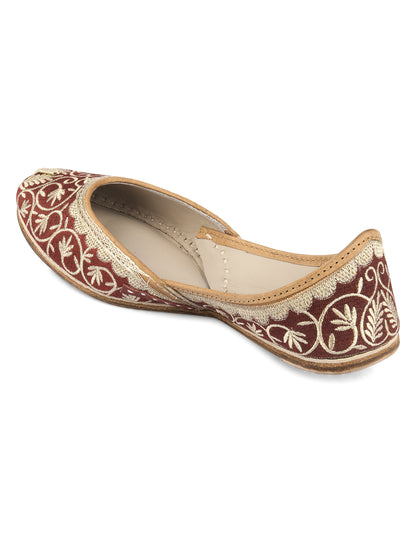 DESI COLOUR Women Maroon  Gold-Toned Hand Embroidered Mojaris