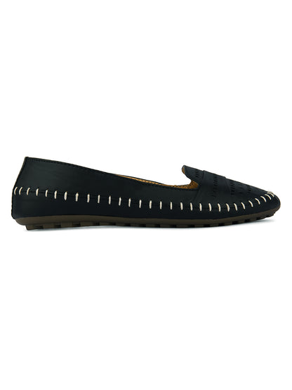 DESI COLOUR Women Black Ballerinas with Laser Cuts Flats