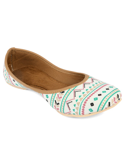 DESI COLOUR Women Off White Printed Leather Ethnic Mojaris Flats