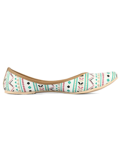 DESI COLOUR Women Off White Printed Leather Ethnic Mojaris Flats