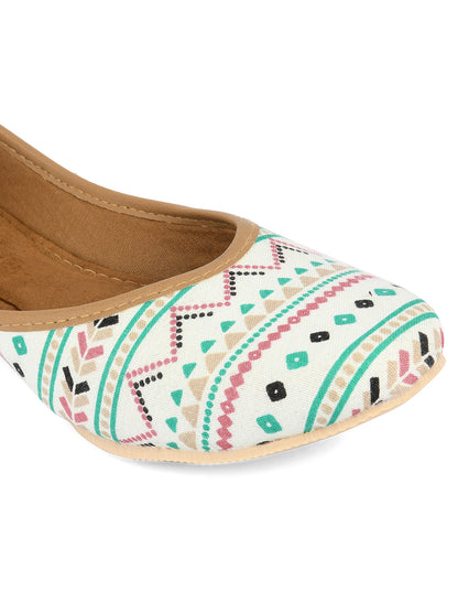 DESI COLOUR Women Off White Printed Leather Ethnic Mojaris Flats