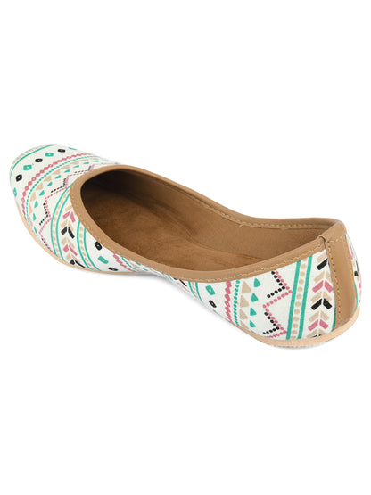 DESI COLOUR Women Off White Printed Leather Ethnic Mojaris Flats