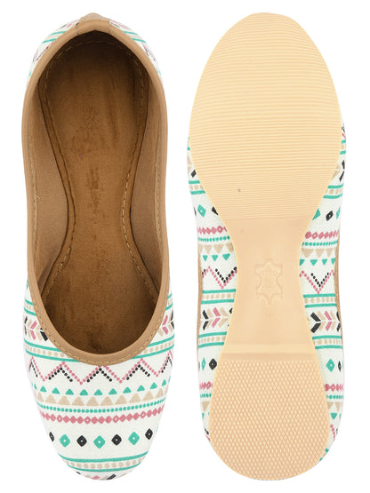 DESI COLOUR Women Off White Printed Leather Ethnic Mojaris Flats