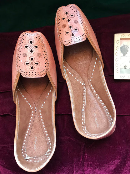 DESI COLOUR Women Nude-Coloured Embellished Leather Ethnic Mojaris with Laser Cuts Flats