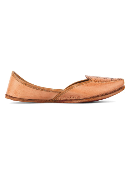 DESI COLOUR Women Nude-Coloured Embellished Leather Ethnic Mojaris with Laser Cuts Flats