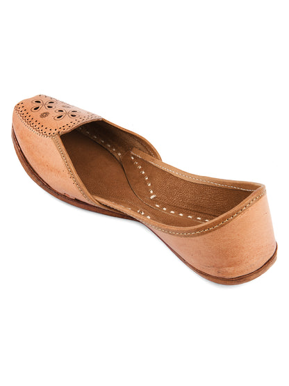 DESI COLOUR Women Nude-Coloured Embellished Leather Ethnic Mojaris with Laser Cuts Flats