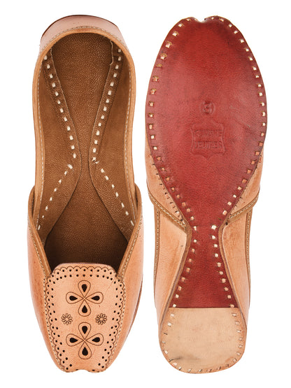 DESI COLOUR Women Nude-Coloured Embellished Leather Ethnic Mojaris with Laser Cuts Flats