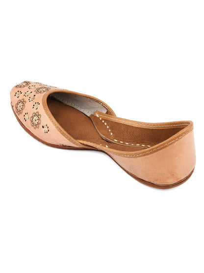 DESI COLOUR Women Nude-Coloured Textured Leather Ethnic Mojaris with Laser Cuts Flats