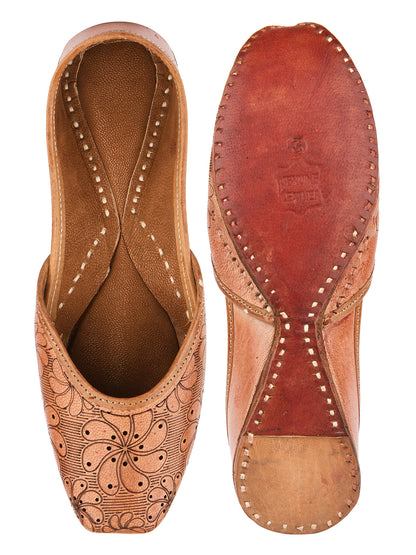 DESI COLOUR Women Peach-Coloured Printed Leather Ethnic Mojaris Flats