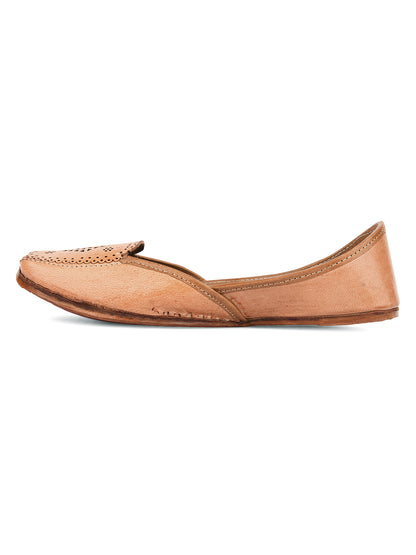 DESI COLOUR Women Nude-Coloured Embellished Leather Ethnic Mojaris with Laser Cuts Flats