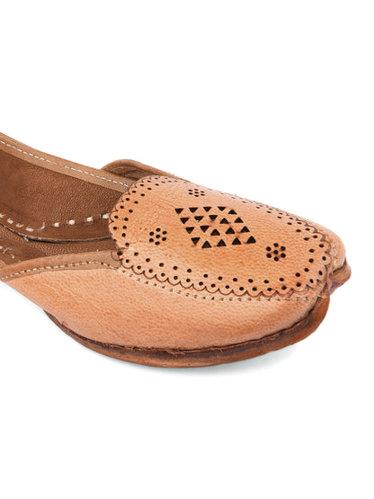 DESI COLOUR Women Nude-Coloured Embellished Leather Ethnic Mojaris with Laser Cuts Flats